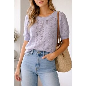 Free People‎ Lavender Open Knit Sweater XL Boho Cottagecore Puff Sleeve Top